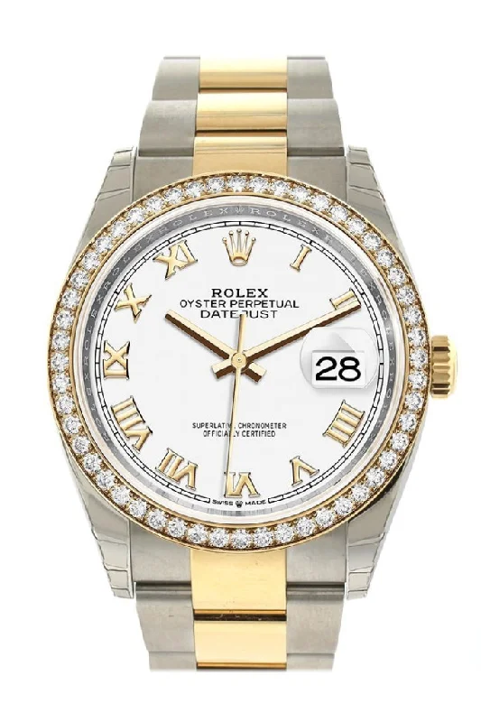 Buy Rolex Datejust 36mm online -Rolex Datejust 36 White Roman Dial Diamond Bezel Oyster Yellow Gold Two Tone Watch 126283RBR 126283 NP