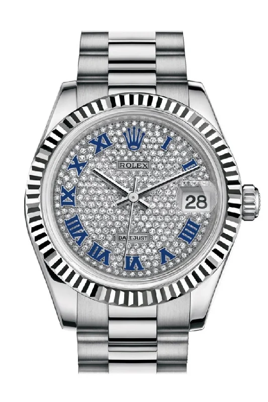 Rolex watches with anniversary edition designs -Rolex Datejust 31 Diamond-paved Roman Dial Fluted Bezel 18K White Gold President Ladies Watch 178279 Pre-owned