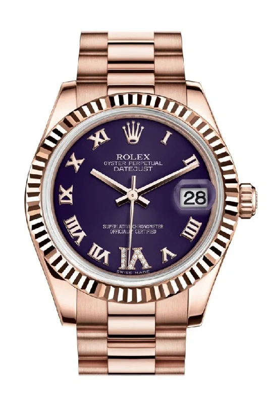 Rolex Day-Date 36mm with gold case -Rolex Datejust 31 Purple Large VI set with Diamond Dial Fluted Bezel 18K Everose Gold President Ladies Watch 178275 Pre-owned