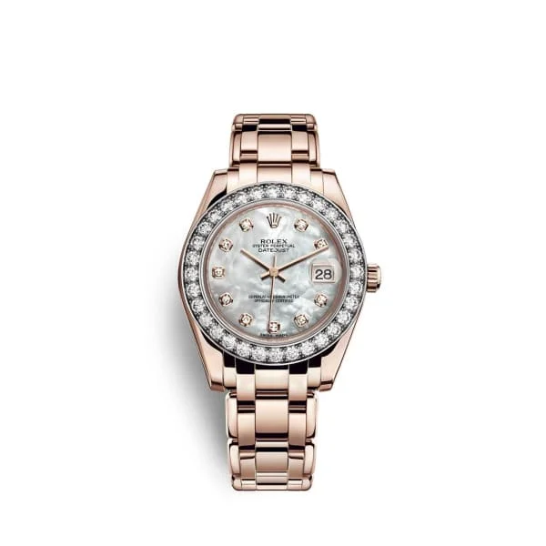 Rolex watches with professional diving features -Rolex Pearlmaster 34mm - Ref: 81285-0017 - White mother of Pearl Diamond Dial & Diamond Bezel, 18K Rose Gold Bracelet Women's Watch