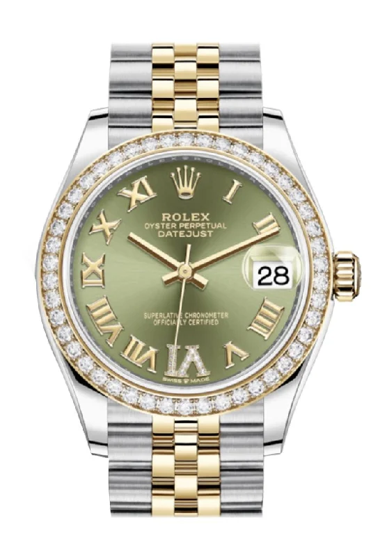 Rolex watches with rotating bezel -Rolex Datejust 31 Olive green VI Diamonds Dial Diamond Bezel Yellow Gold Two Tone Jubilee Watch 278383RBR 278383