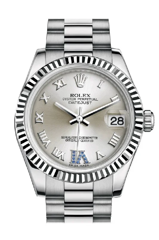 Rolex watches with clean white dial -Rolex Datejust 31 Silver Large VI set with sapphires Dial Fluted Bezel 18K White Gold President Ladies Watch 178279 Pre-owned