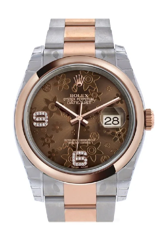 Rolex Datejust with diamond dial -Rolex Datejust 36 Chocolate floral motif set with diamonds Dial Steel and 18k Rose Gold Oyster Watch 116201