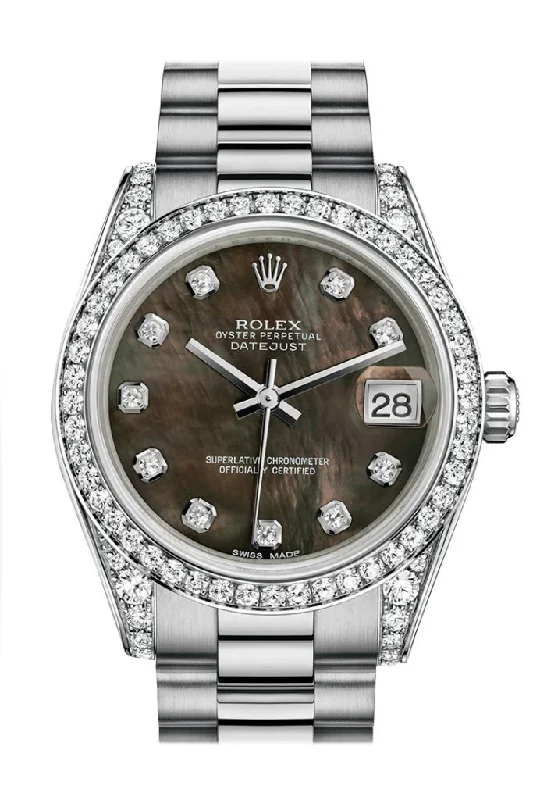 Rolex Oyster Perpetual 39mm model -Rolex Datejust 31 Black mother-of-pearl Diamond Dial Diamond Bezel Lug 18K White Gold President Watch 178159 Pre-owned