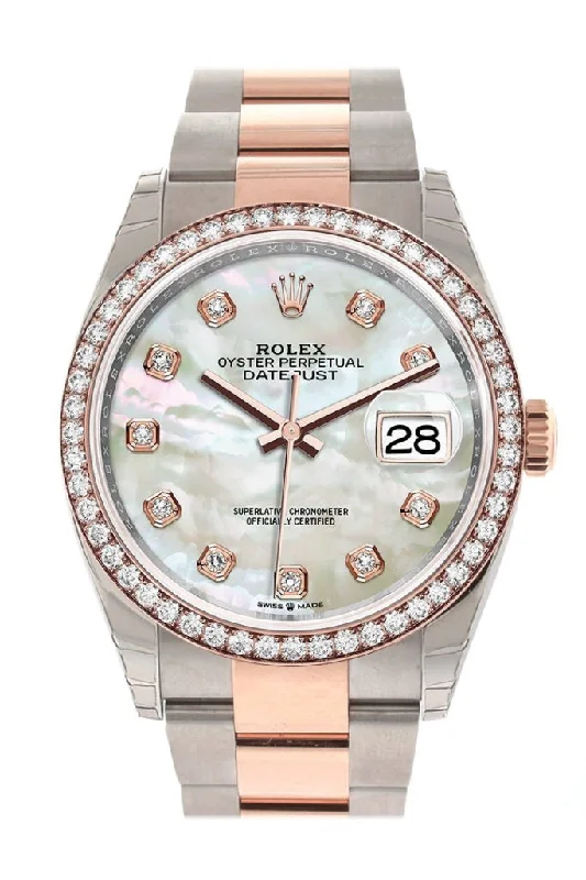 Rolex watches with rotating dive bezel -Rolex Datejust 36 White Mother-of-Pearl Set with Diamonds Dial Rose Gold Two Tone Watch 126281RBR 126281 NP