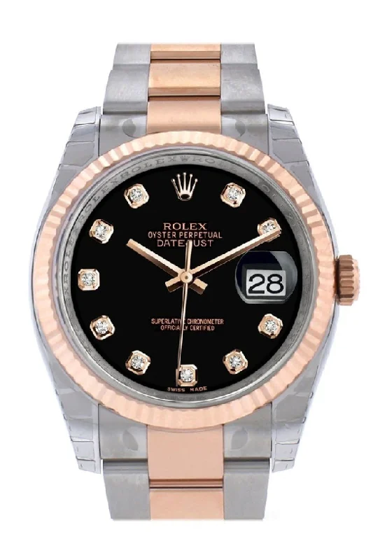 Rolex Datejust with vintage leather strap -Rolex Datejust 36 Black set with diamonds Dial Fluted Steel and 18k Rose Gold Oyster Watch 116231 Pre-owned