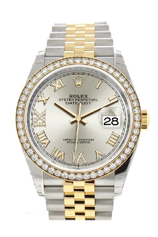 Rolex Datejust with vintage leather strap -Rolex Datejust 36 Silver set with diamonds Dial Diamond Bezel Jubilee Yellow Gold Two Tone Watch 126283RBR 126283 NP