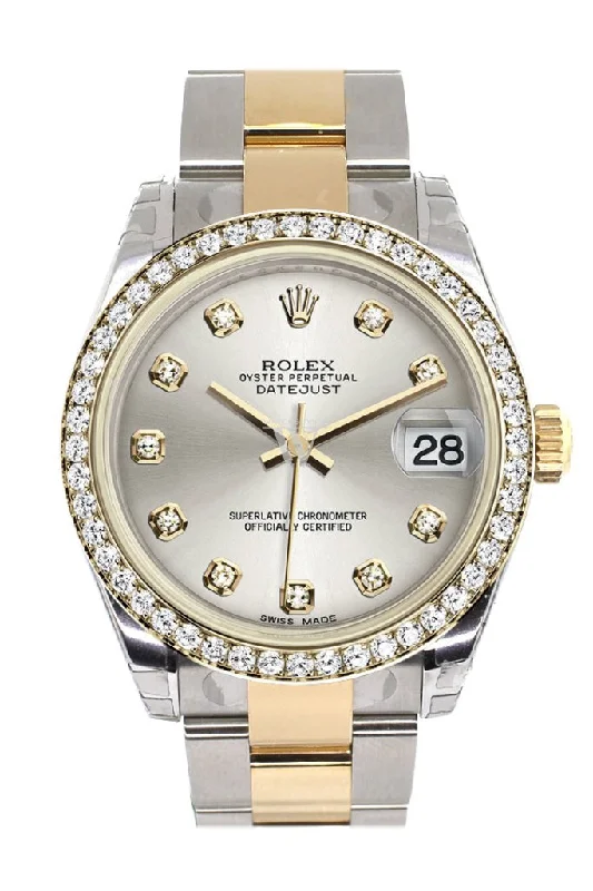 Rolex Datejust with luminous markers -Rolex Datejust 31 Silver Diamond Dial Diamond Bezel Yellow Gold Two Tone Watch 178383 Pre-owned