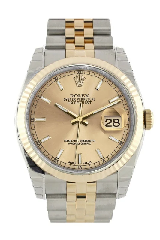 Rolex watches with professional diving features -Rolex Datejust 36 Champagne Dial Fluted 18K Gold Two Tone Jubilee Watch 116233 Pre-owned