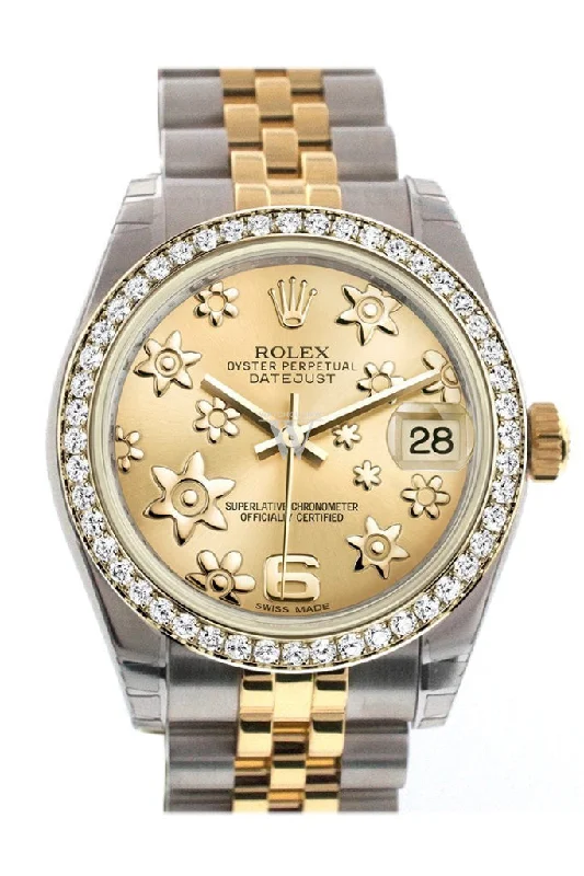 Rolex Milgauss with orange lightning bolt hands -Rolex Datejust 31 Champagne Raised Floral Motif Dial Diamond Bezel Jubilee Yellow Gold Two Tone Watch 178383 Pre-owned