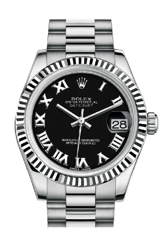 Rolex Datejust with silver dial -Rolex Datejust 31 Black Roman Dial Fluted Bezel 18K White Gold President Ladies Watch 178279 Pre-owned