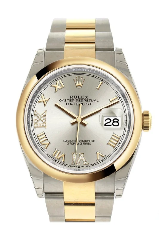 Rolex watches with date function -Rolex Datejust 36 Silver set with diamonds Dial Dome Bezel Oyster Yellow Gold Two Tone Watch 126203 NP