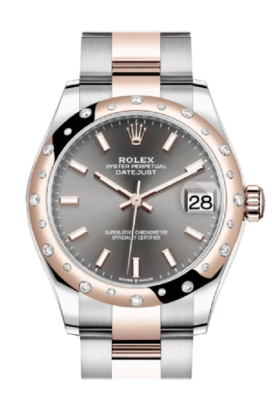 Rolex Datejust with white Roman numerals -Rolex Datejust 31 Dark rhodium Index Dial Diamond Bezel Rose Gold Two Tone Watch 278341RBR 278341