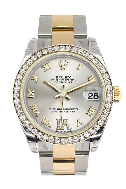 Rolex Datejust 36mm with classic dial design -Rolex Datejust 31 Silver Large VI Diamonds Dial Diamond Bezel Yellow Gold Two Tone Watch 178383 Pre-owned