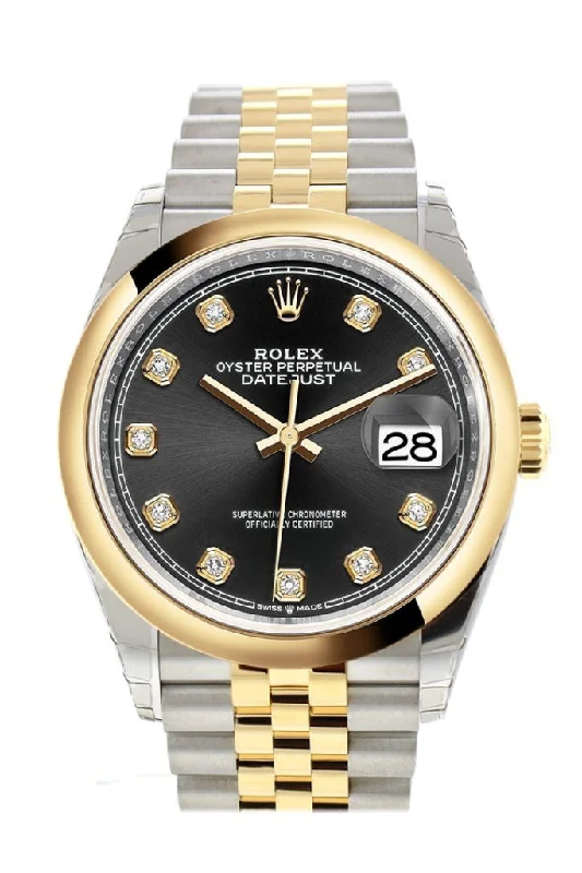 Rolex watches with 100m water resistance -Rolex Datejust 36 Black set with diamonds Dial Dome Bezel Jubilee Yellow Gold Two Tone Watch 126203 NP