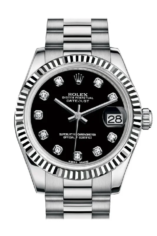 Rolex Submariner 50th Anniversary watch -Rolex Datejust 31 Black Diamond Dial Fluted Bezel 18K White Gold President Ladies Watch 178279 Pre-owned