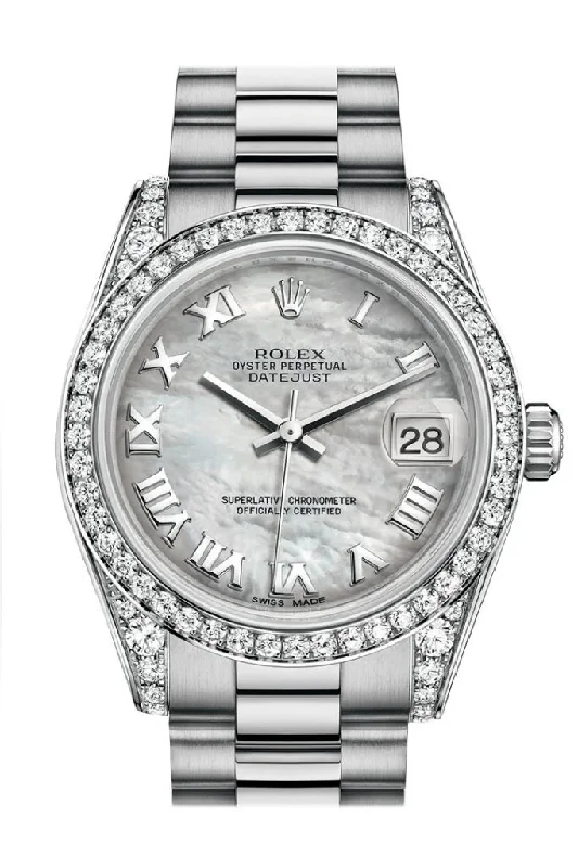 Rolex Datejust with mother-of-pearl dial -Rolex Datejust 31 White mother-of-pearl Roman Dial Diamond Bezel Lug 18K White Gold President Ladies Watch 178159 Pre-owned