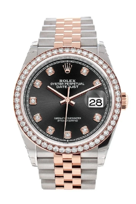 Rolex Oyster Perpetual 36mm models -Rolex Datejust 36 Black Set with Diamonds Dial Diamond Bezel Rose Gold Two Tone Jubilee Watch 126281RBR 126281 NP