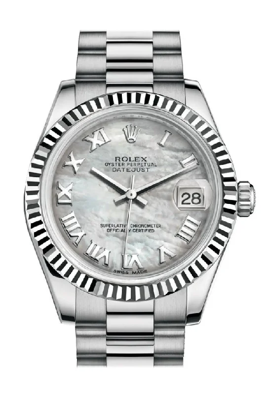 Rolex Air-King with black dial -Rolex Datejust 31 White mother-of-pearl Roman Dial Fluted Bezel 18K White Gold President Ladies Watch 178279 Pre-owned