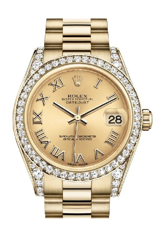 Rolex Datejust with steel bracelet -Rolex Datejust 31 Champagne Roman Dial Diamond Bezel Lug 18K Yellow Gold President Ladies Watch 178158 Pre-owned