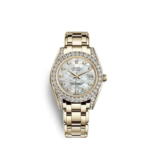 Rolex Explorer I with stainless steel case -Rolex Pearlmaster 34mm - Ref: 81158-0001 - White mother of Pearl Diamond Dial, Diamond Bezel & Diamond Case, 18K Yellow Gold Bracelet Women's Watch