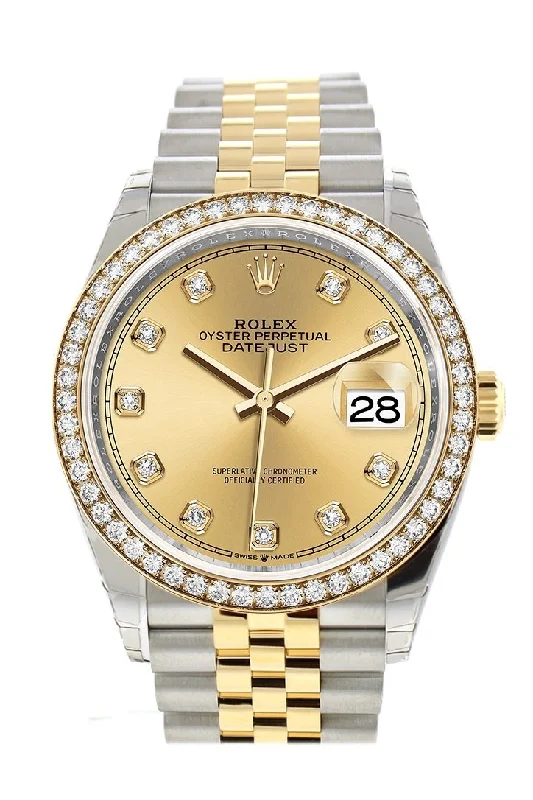 Rolex Oyster Perpetual with modern features -Rolex Datejust 36 Champagne-colour set with diamonds Dial Diamond Bezel Jubilee Yellow Gold Two Tone Watch 126283RBR 126283 NP