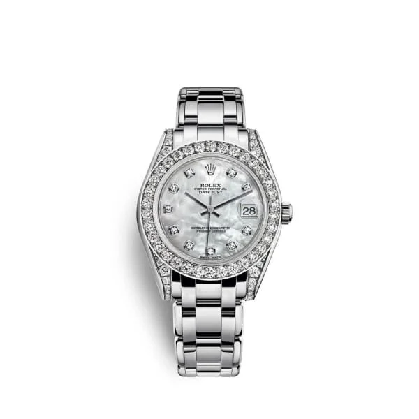 Rolex Sea-Dweller with high-performance features -Rolex Pearlmaster 34mm - Ref: 81159-0015 - White mother of Pearl Diamond Dial, Diamond Bezel & Diamond Case, 18K White Gold Bracelet Women's Watch