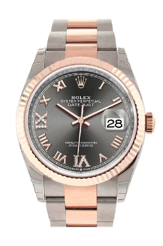 Rolex Datejust with blue fluted bezel -Rolex Datejust 36 Dark Rhodium set with Diamonds Dial Fluted Rose Gold Two Tone Watch 126231 NP