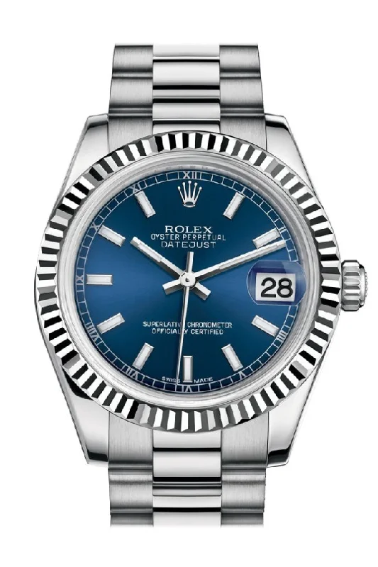 Rolex watches with smooth or fluted bezels -Rolex Datejust 31 Blue Dial Fluted Bezel 18K White Gold President Ladies Watch 178279 Pre-owned