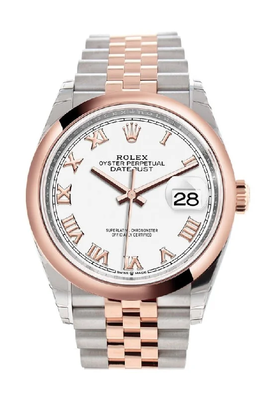 Rolex watches with smooth polished case -Rolex Datejust 36 White Roman Dial Dome Rose Gold Two Tone Jubilee Watch 126201 NP