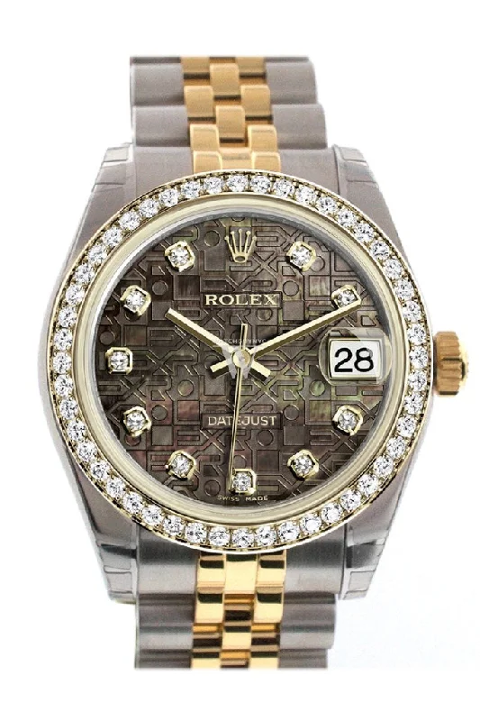 Rolex Datejust 41mm with black leather strap -Rolex Datejust 31 Black mother-of-pearl Jubilee Diamond Dial Diamond Bezel Jubilee Yellow Gold Two Tone Watch 178383 Pre-owned