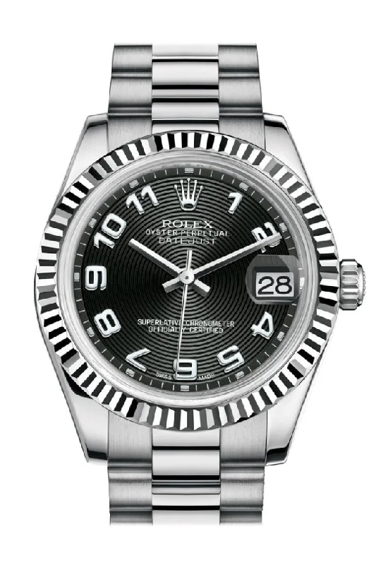 Rolex Day-Date with gold bracelet -Rolex Datejust 31 Black Concentric Circles Arabic Dial Fluted Bezel 18K White Gold President Ladies Watch 178279 Pre-owned