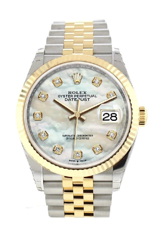 Authentic Rolex watches for sale -Rolex Datejust 36 White mother-of-pearl set with diamonds Dial Fluted Bezel Jubilee Yellow Gold Two Tone Watch 126233 NP