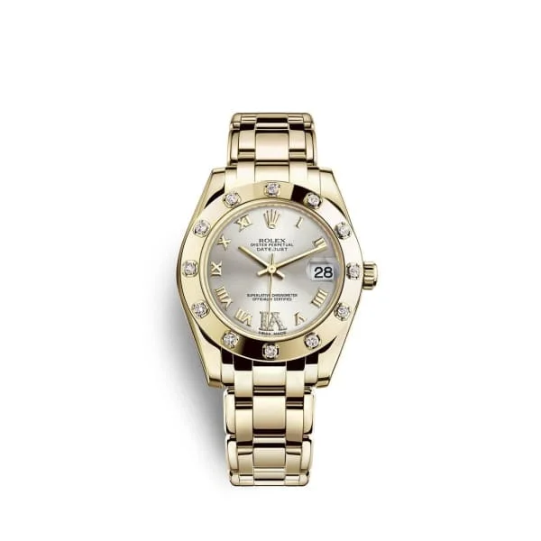 Rolex watches with vintage appeal -Rolex Pearlmaster 34mm - Ref: 81318-0036 - Silver Roman Diamond Dial & Diamond Bezel, 18K Yellow Gold Bracelet Women's Watch