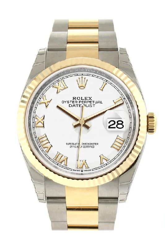 Rolex watches with rotating bezel -Rolex Datejust 36 White Roman Dial Fluted Bezel Oyster Yellow Gold Two Tone Watch 126233 NP