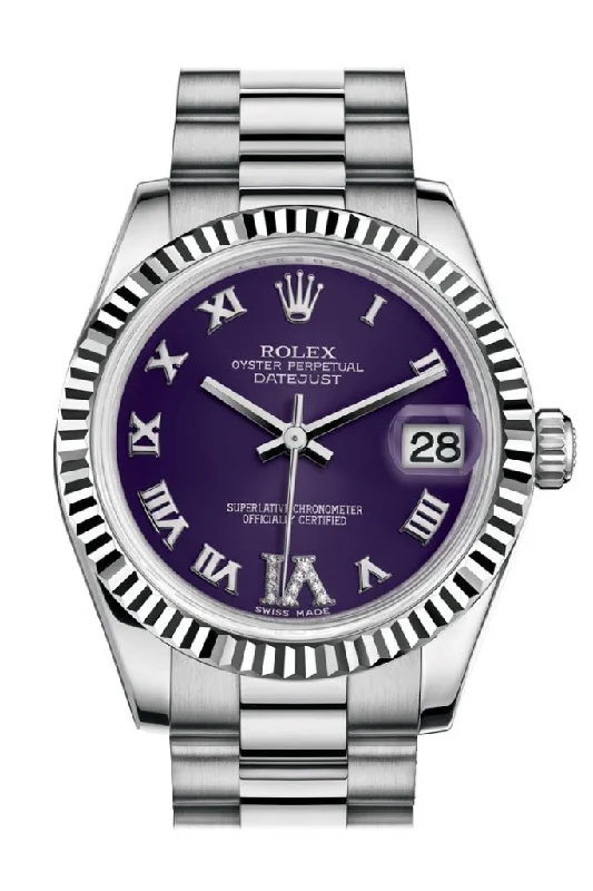 Rolex Oyster Perpetual with black dial -Rolex Datejust 31 Purple set with diamonds Dial Fluted Bezel 18K White Gold President Ladies Watch 178279 Pre-owned