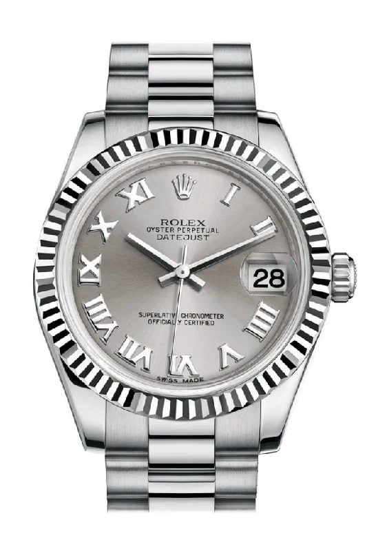 Rolex Explorer II with black bezel -Rolex Datejust 31 Rhodium Roman Dial Fluted Bezel 18K White Gold President Ladies Watch 178279 Pre-owned