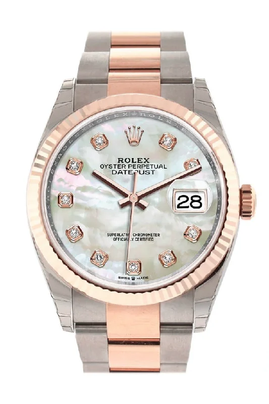 Rolex watches with anniversary edition designs -Rolex Datejust 36 White mother-of-pearl set with diamonds Dial Fluted Rose Gold Two Tone Watch 126231 NP