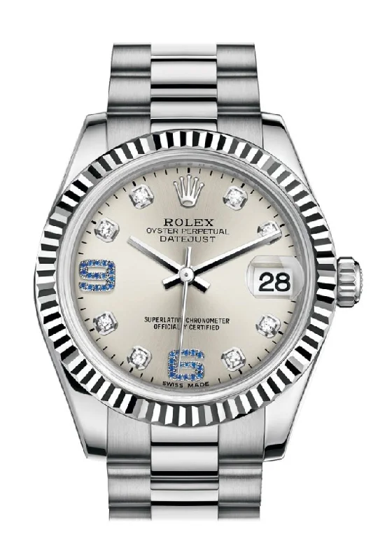 Rolex Milgauss with stainless steel case -Rolex Datejust 31 Silver set with diamonds and sapphires Dial Fluted Bezel 18K White Gold President Ladies Watch 178279 Pre-owned