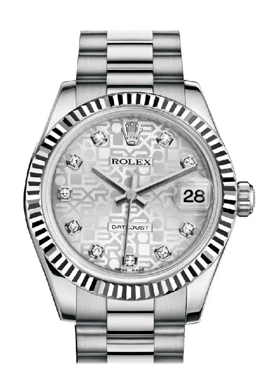 Rolex watches with smooth polished case -Rolex Datejust 31 Silver Jubilee Diamond Dial Fluted Bezel 18K White Gold President Ladies Watch 178279 Pre-owned