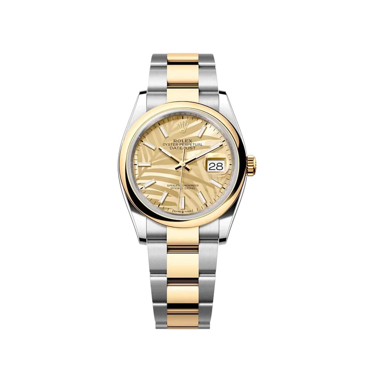 Rolex Submariner with classic black dial design -Rolex Datejust 126203 Two-Toned Yellow Gold Stainless Steel Palm Motif Dial (2022)