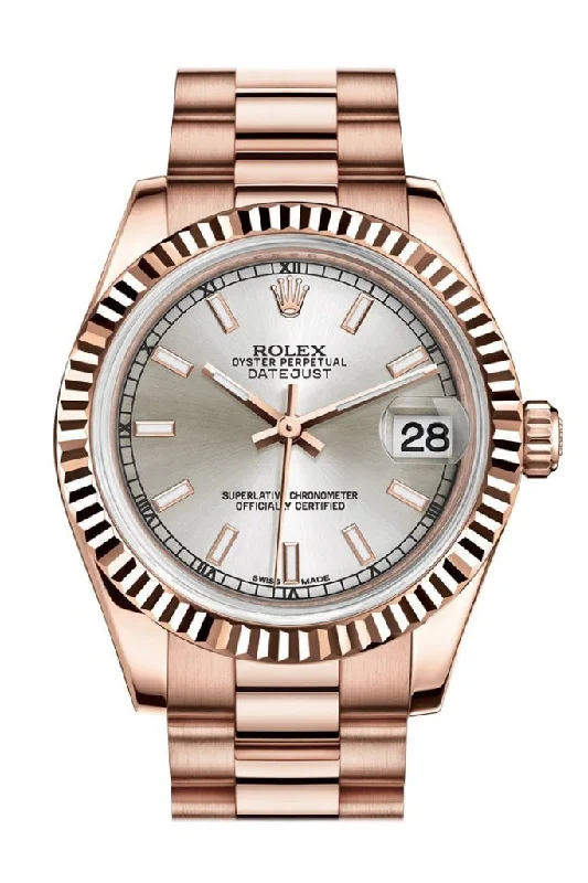 Rolex watches with limited-edition models -Rolex Datejust 31 Silver Dial Fluted Bezel 18K Everose Gold President Ladies Watch 178275 Pre-owned