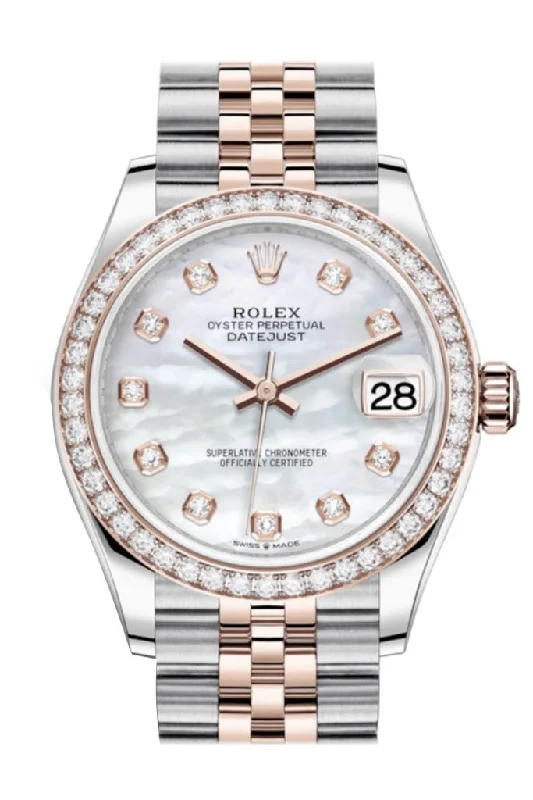 Rolex watches with date function -Rolex Datejust 31 White mother-of-pearl Diamonds Dial Diamond Bezel Rose Gold Two Tone Jubilee Watch 278381RBR 278381