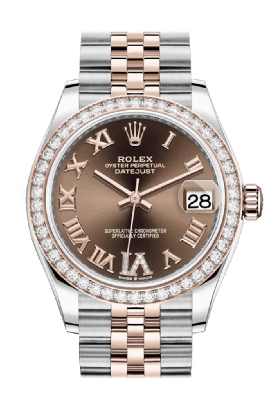 Rolex Chronograph watches with tachymeter -Rolex Datejust 31 Chocolate VI Diamonds Dial Diamond Bezel Rose Gold Two Tone Jubilee Watch 278381RBR 278381