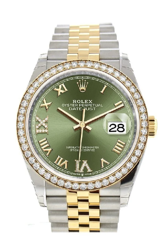 Rolex Submariner with updated technology -Rolex Datejust 36 Olive green set with diamonds Dial Diamond Bezel Jubilee Yellow Gold Two Tone Watch 126283RBR 126283 NP