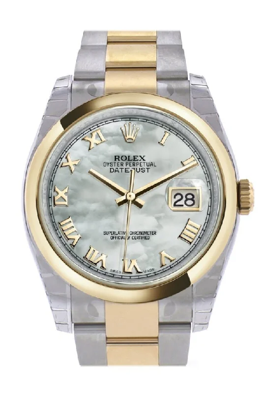 Rolex Datejust with polished bezel -Rolex Datejust 36 White mother-of-pearl Roman Dial 18k Gold Two Tone Oyster Watch 116203 Pre-owned