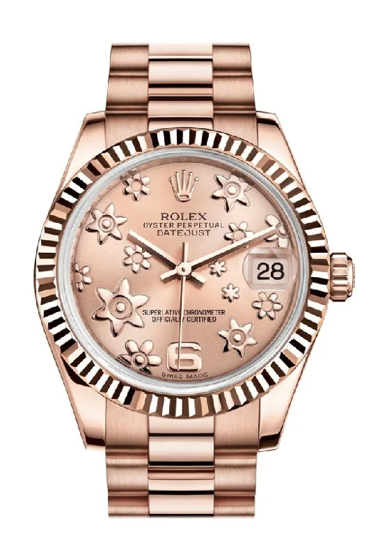 Rolex Submariner with red text -Rolex Datejust 31 Pink Raised Floral Motif Dial Fluted Bezel 18K Everose Gold President Ladies Watch 178275 Pre-owned