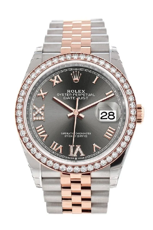 Rolex Datejust with mother-of-pearl dial -Rolex Datejust 36 Dark Rhodium Set with Diamonds Dial Diamond Bezel Rose Gold Two Tone Jubilee Watch 126281RBR 126281 NP