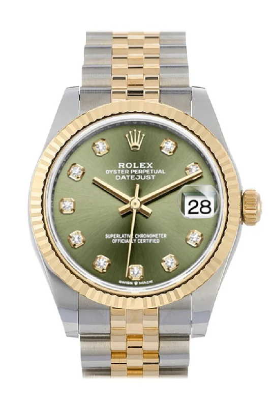 Rolex Datejust 36mm for women -Rolex Datejust 31 Olive Green Diamond Dial Fluted Bezel 18K Yellow Gold Two Tone Jubilee Watch 278273 NP