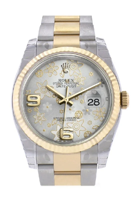 Rolex Datejust 41mm with rose gold bezel -Rolex Datejust 36 Silver floral motif Dial Fluted 18K Gold Two Tone Oyster Watch 116233 Pre-owned